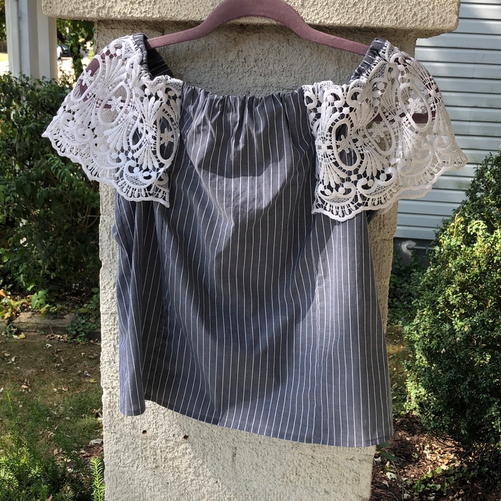 Express off the shoulder gray top w/white stripes